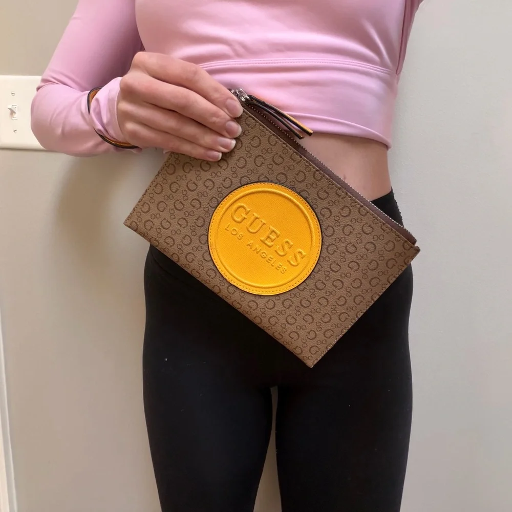 Guess Tan and Yellow Logo Large Wristlet - Picture 8 of 9